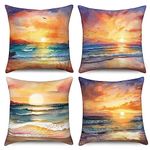 ChloropLastid Beach Sunset Throw Pillow Covers 18x18 inch Tropical Ocean Seaside Oil Painting Decorative Pillow Case Set of 4 Nature Sea Scenery Velvet Square Cushion Cover for Couch Sofa Bed