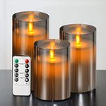 Gray Glass flameless Candles Flickering with Remote, Moving Wick Fake candles Battery Operated Realistic Warm Light Candle, for home decor, bedroom accessories, ornaments for living room, Set of 3