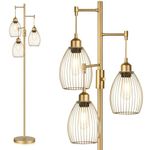 Dimmable Industrial Floor Lamps for Living Room, Gold Tree Standing Tall Lamps with 3 Elegant Teardrop Cage Head & 800 Lumens LED Bulbs for Bedroom Office