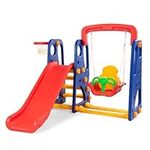 COSTWAY 4-in-1 Toddler Climber and Swing Set with Removable Basketball Hoop, Long Slide, Easy Climb Ladder, Children Play Area for Outdoor and Indoor (Red+Blue)