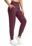 Soothfeel Women's Joggers with Zipper Pockets High Waisted Athletic Workout Yoga Pants Joggers for Women, Wine, Large