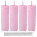 Volhoply 20oz Plastic Skinny Tumblers Bulk 4 Pack,Double Wall Tumbler with Lid and Straw,Reusable Travel Iced Coffee Mug,BPA Free Matte Acrylic Water Cups With Straw for Parties,DIY Gifts(Pink, 4 Set）