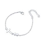 Yienate Unique Tiny Cross Pearl Bracelets Chain Silver Hand Chain Hand Harness Dainty Pearl Link Cross Slave Bracelets for Women and Girls