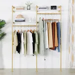 EDCB Industrial Pipe Gold Clothing Rack with 2 Tier Shelf, Double Hanging Rods Clothes Rack Wall Mounted, Display Rack On Wall for Hanging Clothes Retail Display