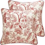 ISAENNE Design Linen Square Throw Pillow Covers 18"x18" Pack of 2, French Country Cushion Covers with Red Toile de Jouy Floral Pattern Decoration Pillowcases for Bed, Living Room, Outdoor, Car