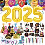 DPKOW 77pcs Colorful 2025 New Year Decorations Accessories, 2025 New Year Balloons Photo Booth Props New Year Party Hats Streamers Fringed Noise Maker for 2025 New Year Party Favor Pack Supplies