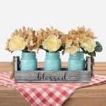 Living Room Table Centerpieces-Besuerte Rustic Decorative Thankful Wood Tray,with Rose Bouquet Flower for Home,Coffee Table Dining Room,Kitchen,New Home Housewarming Gift【3 Blue Jars 】