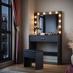 ELEGANT Hollywood Vanity Mirror Dressing Table Set with Adjustable 3 Color LED Lights, Girls Makeup Desk with 1 Large Storage Drawer, Bedroom Available, Black Cushioned Stool included