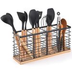 Utensil Holder for Kitchen Counter, Kitchen Countertop Utensil Organizer, Large Black Stainless Steel Utensil Crock with Wooden Base, 4 Compartments Kitchen Utensil Caddy for Modern house（Four）