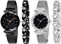 Acnos Stainless Steel Premium Magnet Black Dial Silver Strap Analogue Women Girls Watch Sweet Heart Bracelet Combo For Girl's & Women Watch Pack Of 2 Watch And 2 Bracelet, Black Band