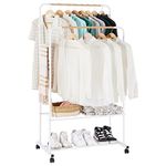 YOUDENOVA Clothes Rail on Wheels Clothes Rack Double Hanging Rails for Clothes Rails for Bedroom Heavy Duty Metal Stand Storage Shelf White