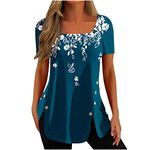 Womens Summer Tops Square Neck T Shirt Casual Top Short Sleeve Retro Pattern Blouse Split Comfort Basic Tees Shirts