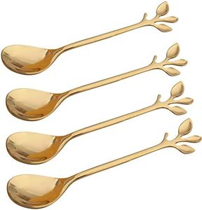 Gold Leaf Espresso Coffee Spoon Ice-Cream Tea Sugar Spoon Stainless Steel Mini Stirring Spoons Dessert Demitasse Spoons, Set of 4 (Gold)