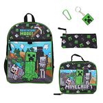 Bioworld Minecraft 5- Piece Set: 16" Backpack, Lunchbox, Utility Case, Rubber Keychain, and Carabiner, Multicolored, One Size, Modern