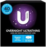 U BY KOTEX Ultrathins Overnight Pads with Wings 40 Count (4 x 10 Pack) - Packaging May Vary