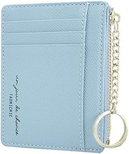 Prometheism Women Slim Leather Card Case Holder Small Wallet Cute Coin Purse Girl Mini Wallet with Keychain, Blue, Small, Minimalist