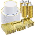 BESTVIP 600PCS Gold Dinnerware Set for 100 Guests, Plastic Plates for Party, 100 Gold Disposable Plates, 100 Dessert Plates, 100 Cups, 100 Spoons, 100 Forks and 100 Knives