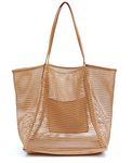 HOXIS Mesh Beach Tote Womens Shoulder Handbag, Tan, Large