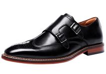 Mens Double Monk Shoes Leather Classic Buckle Strap Slip On Wingtip Brogue Formal Wedding Casual Dress Loafers Black 9 UK