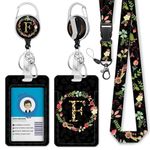 Initial ID Badge Holder with Lanyard, Personalized Monogram Retractable Badge Reel with Clip, Breakaway Lanyard for Keys, Women Work Office ID Card Holder for Teacher Appreciation Gifts (Letter F)