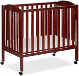 Dream On Me 3 in 1 Portable Folding Stationary Side Crib in Cherry, Greenguard Gold Certified, Safety Wheel with Locking Casters, Convertible, 3 Mattress Heights