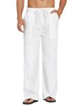 COOFANDY Men's Linen Casual Pants Summer Spring Beach Jog Elastic Waist Trousers White