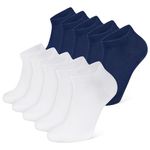 Closemate 10 Pairs Ankle Trainer Sport Socks for Men Women White Cotton Low Cut Short Socks (5 White 5 NavyBlue, Size L)