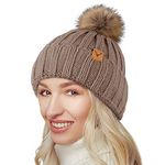 NEOLA Winter Hats for Women - Fleece Lined Beanie Hat Ladies Soft Warm Knit Bobble Hat with Detachable Chunky Faux Fur Pom Pom for Outdoor Sports Ski UK Brown