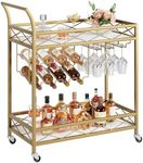 GAOMON Gold Bar Carts with 2-Tiers Storage Shelves，Mobile Kitchen Seving Carts on Wheels with Wine Rack and Glass Holder for Kitchen, Living Room, Dining Room