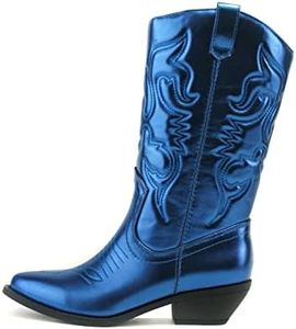 Soda Reno Women Western Cowboy Pointed Toe Knee High Pull On Tabs Boots, Blue Metallic Pu, 8.5