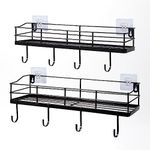 Lyeasw Metal Black Floating Shelves Wall Mounted with 8 Removable Hanging Hooks, 15-Inch Iron Shower Shelf Organizer for Bathroom Kitchen Storage Rack, Set of 2