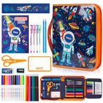 Markers Set with Glitter Space Pencil Case & Stationery, Back to School Art Supplies Coloring Kits for Kids Ages 4-6-8-12, Birthday Gifts for Boys Aged 4 5 6 7 8 9 10 11 12 (Space)