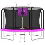 ACWARMHOME 12FT Trampoline for Kids and Adults, Trampoline with Basketball Hoop and LED Lights,Trampoline Outdoor with Net, ASTM Approved, Purple