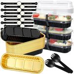 KAHEIGN 50Pcs Mini Loaf Pans with Lids and Spoons, 200ml Rectangular Aluminum Foil Baking Pans Mini Cake Tins Containers with Sealing Sticker for Bread Cake Wedding Birthday Picnic Party (Black Gold)