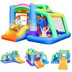 BESTPARTY Bounce House,Inflatable Bounce House with Double Slides,Rainbow Bouncy Castle with Blower,7 in 1 Bouncy House for Kids Outdoor with Jump Area,Ball Pit,Climbing Wall,Basketball Rim,Dart Games