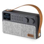 Akai A61028 Beautifully designed Portable FM/DAB Radio with Bluetooth, Rechargeable battery with 8 hours playback, Large LCD Display, leather strap for easy portability, 6 W Speaker, Grey Fabric