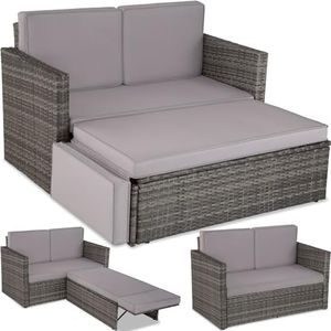 TecTake® Sofá de Ratán con Taburete Reposapiés, Conjunto Jardín Sillón 2 Plazas, Mueble Jardín Exterior con Cojines Gruesos, Conjunto Terraza Resistente a la Intemperie y Estructura en Acero - Gris