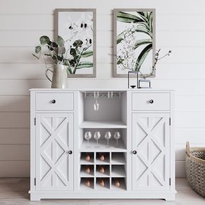 Merryluk Farmhouse Buffet Cabinet with Storage, 54" Sideboard with 3 Drawers, Sliding Barn Door, Wine and Glass Rack, Storage Shelves, Liquor Coffee Bar Cupboard for Kitchen, Dining Room,White