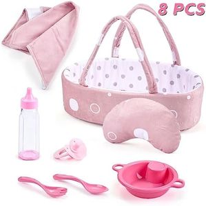 Enjoyin 8 Pcs Baby Doll Accessories Set includes Feeding Bottle, Pacifier, Blanket, Pillow, Tablewares and Bassinet Carrier for 9'' to 12'' Dolls