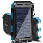 Durecopow Solar Charger, 20000mAh Portable Outdoor Waterproof Solar Power Bank, Camping External Backup Battery Pack Dual 5V USB Ports Output, 2 Led Light Flashlight with Compass (Blue)