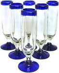 MexHandcraft Cobalt Blue Rim 6 oz Champagne Flutes (set of 6), Recycled Glass, Lead-free, Toxin-Free (6oz Champagne)