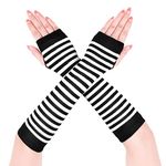 Arm Warmers Fingerless Gloves for Women Long Fingerless Gloves Knit Stretchy Thumbhole Striped Gloves (Black and White)