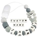 Kowlone Dummy Clips Personalised Name for Boys Girls Teddy Bear Silicone Teething Soother Chain Customized Pacifier Holder(Grey)