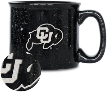 Rico Industries NCAA Colorado Buffaloes 15 oz Speckle Camper Coffee Mug, Deep Laser Engraved Logo, Ceramic Camping Mug, Speckle Glaze