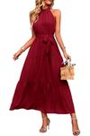 PRETTYGARDEN Women's Summer Maxi Sun Dress Sleeveless Halter Neck Flowy Ruffle Hem Long Boho Dresses with Belt (Solid Wine Red,X-Large)