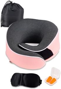 Amitofo Travel Pillow, Premium Memory Foam Neck Pillow, Pillows for Sleeping, Car and Airplane Travel Essentials, Travel Kit with 3D Contoured Eye Masks, Earplugs and Luxury Mesh Bag (Pink)