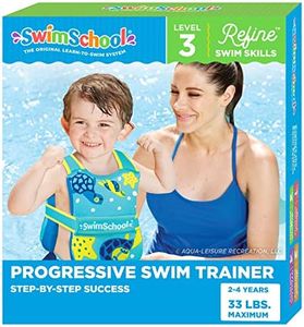 SwimSchool Swim Trainer Vest with UPF50 Shoulder Sleeves, Stretchable Fabric, Flex-Form Design, Adjustable Safety Strap, Medium/Large, Up to 50 Lbs., Blue/Orange,AZO20938BL