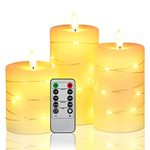 Flameless Candles, with Embedded String Lights, Da by 3-Piece LED Candles, with 10-Key Remote Control, 24-Hour Timer Function, Dancing Flame, Real Wax, Battery-Powered(Batteries not Included).