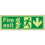 V Safety Glow In The Dark NHS Fire Exit Arrow Down Sign - 300mm x 100mm - Rigid Plastic