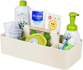 Baby Shower Caddy Plastic Nursery Portable Storage Organizer Caddy Tote for Child/Kids, Divided Basket Bin with Wood Handle for Bathroom, Dorm Room, Holds Hand Soap, Bottles, Spoons (Beige)